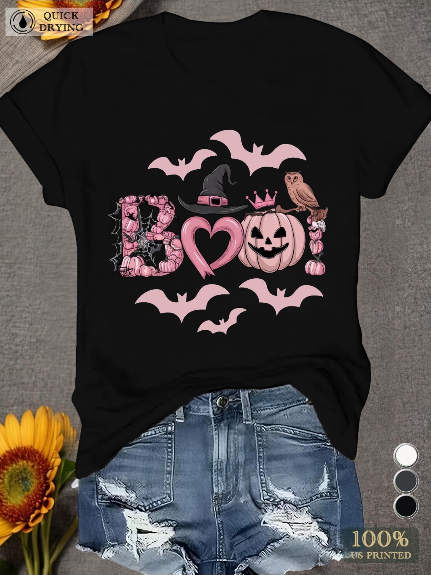 

Halloween Boo Women s T-Shirt Black with Pink Halloween Graphics Bats Pumpkins Witch Hat Casual Wear for Halloween Parties S