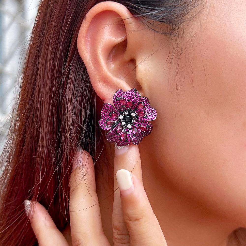 Needle Heavy Industries Luxury Court Style Slightly Inlaid Zircon Three-Dimensional Multi-Layer Flower Earrings Popular Earrings