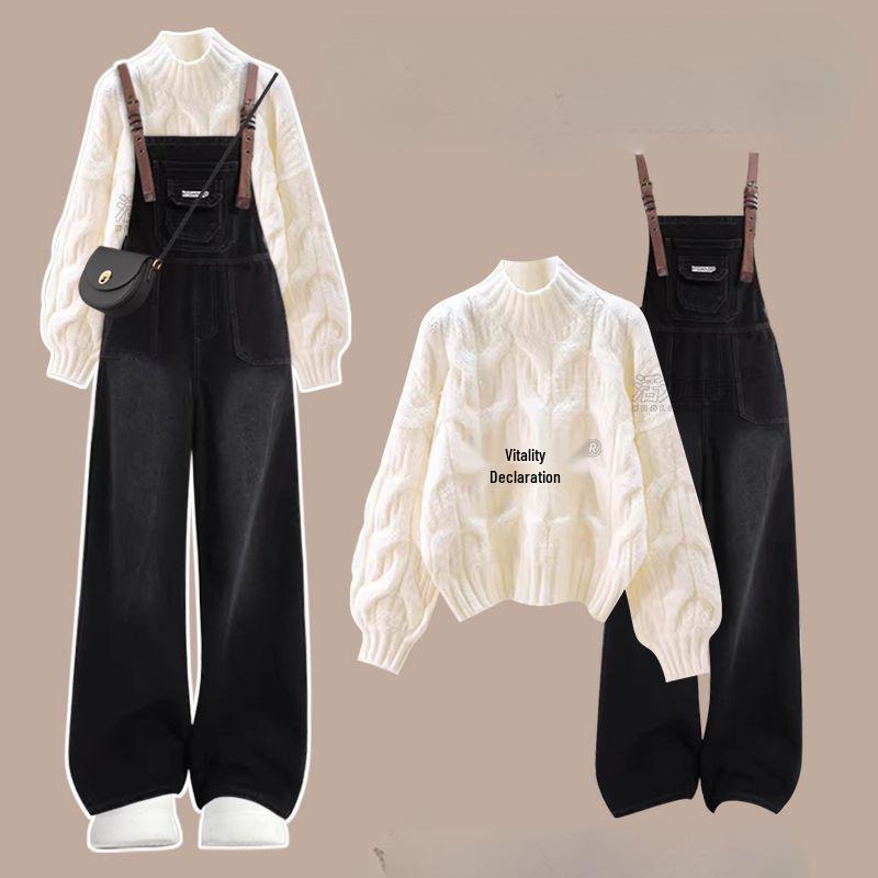 Winter 2025 Women's Plus Size Cable Knit Sweater & Denim Overalls Set