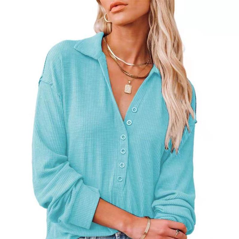 

Женская модная футболка, осенние однотонные рубашки с длинным рукавом и v-образным вырезом на пуговицах, повседневные женские топы большого размера XXXXXL небесно-голубой