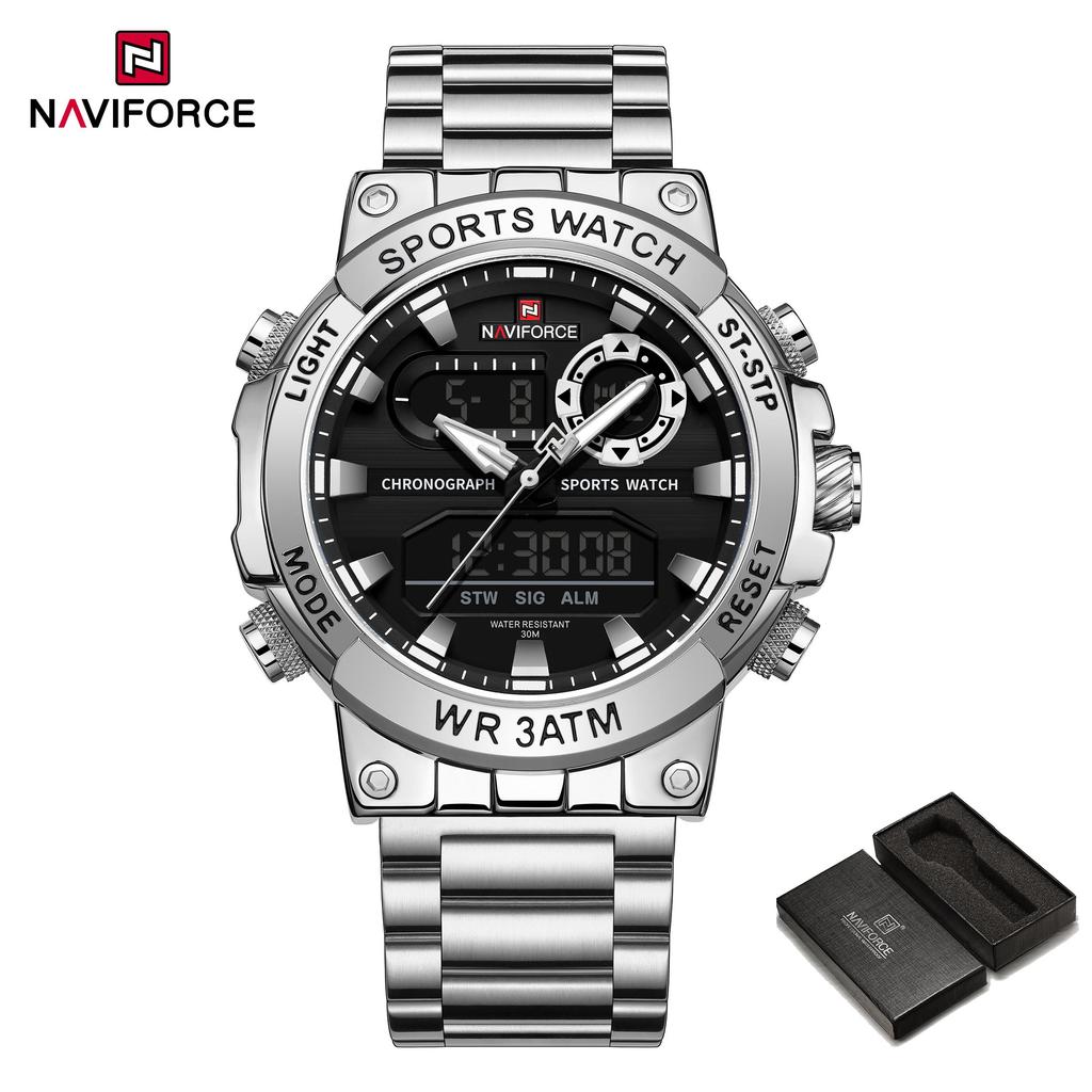 Naviforce Oryginalny Zegarek Męski Wyświetlacz Cyfrowy Kwarcowy Kalendarz Zegarek na Rękę Pasek ze Stali Nierdzewnej Luminous Wodoodporny Modny Zegarek Męski NF9237