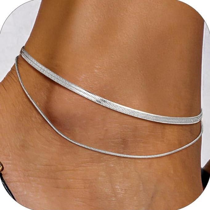 European-American Layered Embossed Round Pendant Anklet - Women's Double-Layer Beaded Chain Foot Jewelry for Summer Beach.