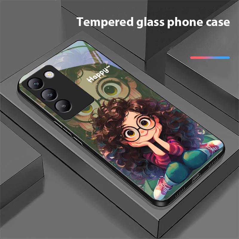 Mädchen mit lockigen Haaren Für Y72 33S 11 03 36 96 Lite 35 16 Iqoo 12 V40 SE 5G 29 40 21 30 X80 Pro Vivo Gehärtetes Glas Handyhülle Schwarz