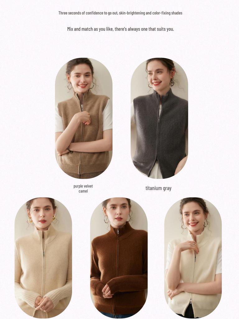 Damen Ärmellose Kaschmirweste - Petite Reißverschlussjacke für Herbst/Winter Mode