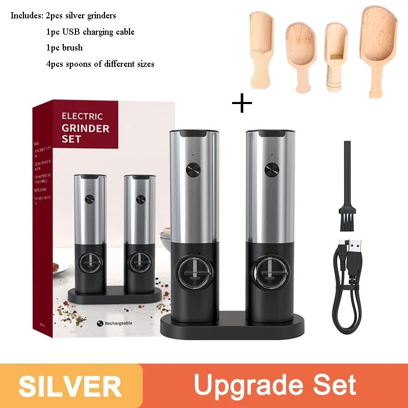 Electric Salt and Pepper Grinder Set USB Rechargeable With Charging Base Automatic Black Peppercorn and Sea Salt Spice Mill Set