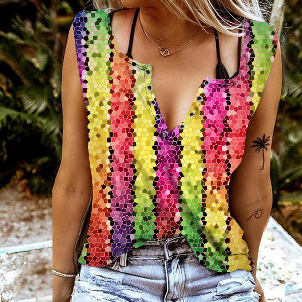 Camisetas de Tirantes para Mujer Sexy Cuello en V Sin Mangas Tops de Verano Chaleco Estampado de Patrón Multicolor 3D Tops Frescos Ligeros
