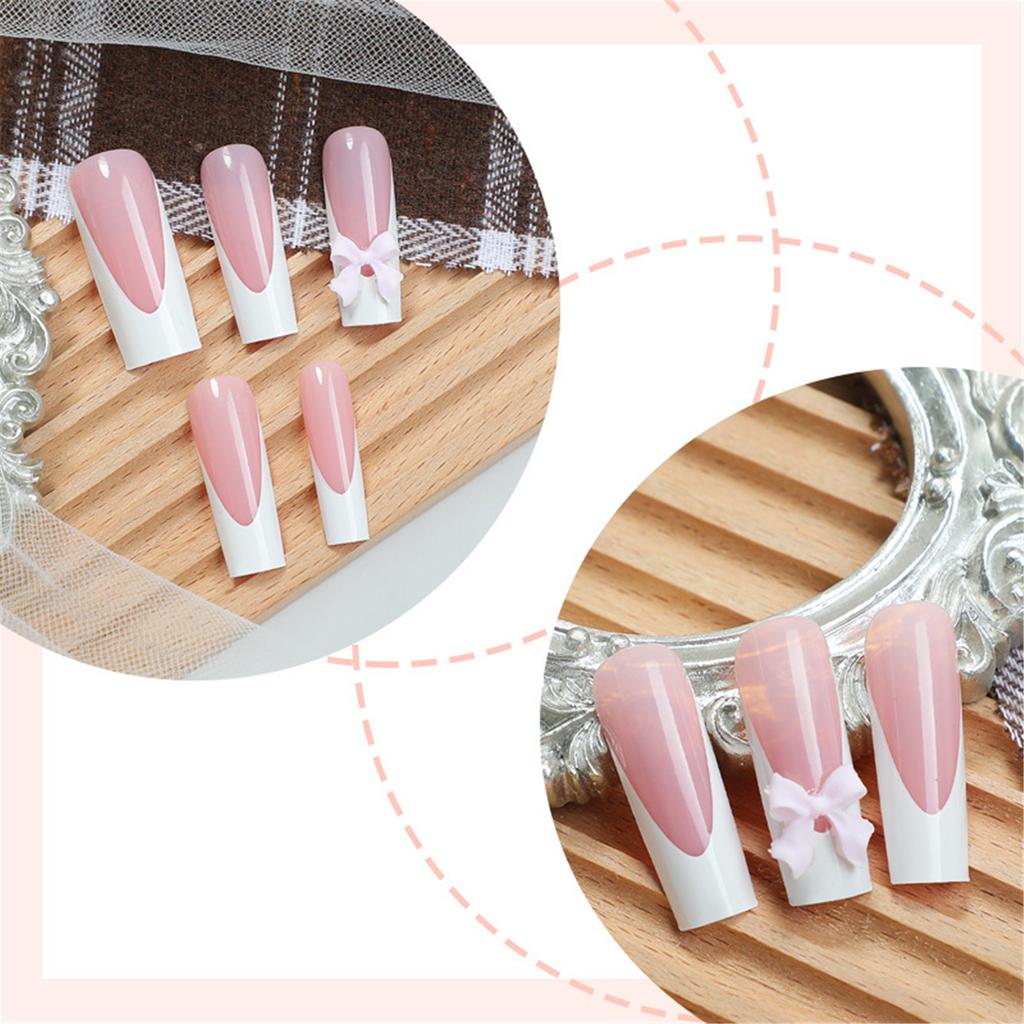 24 Pcs 3D Bowknot False Nails French Style False Nails Full Cover Stick On Nails Press On Nails for Women and Girls