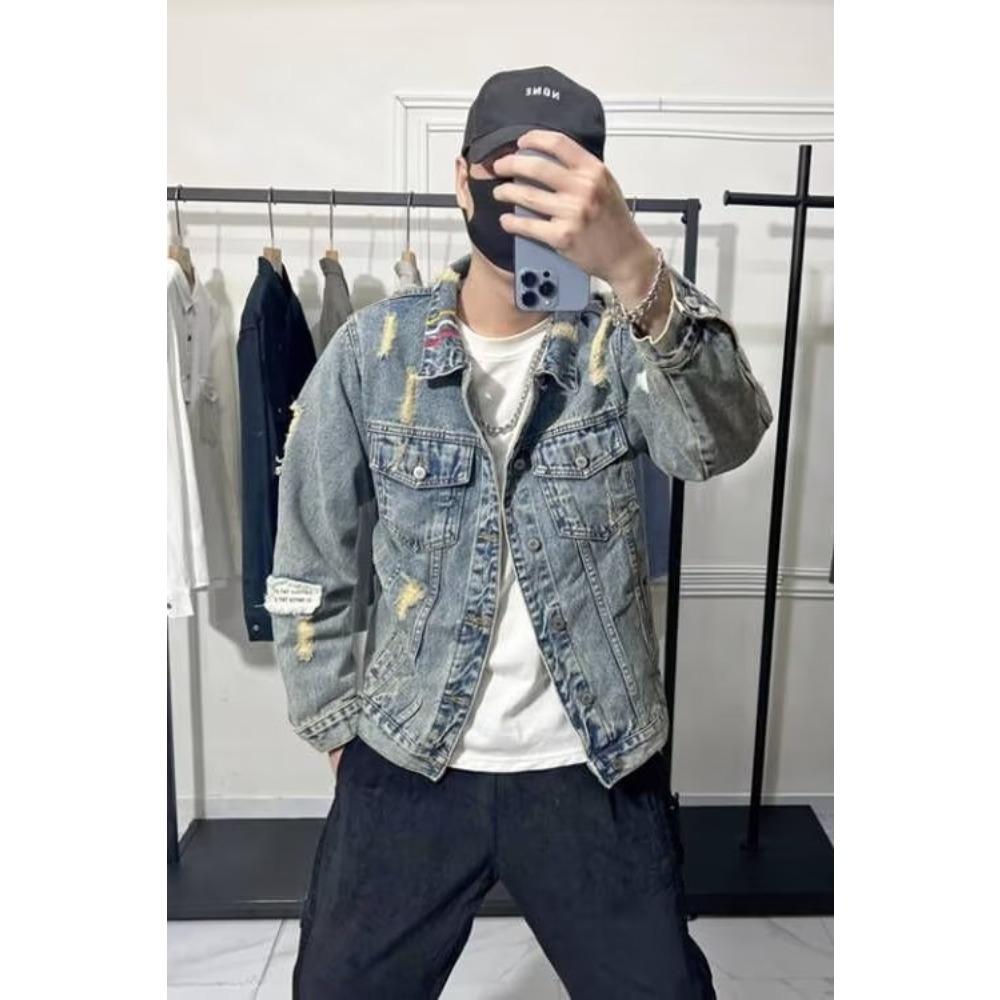 Ripped denim jacket for men, trendy vintage jacket, loose plus-size short top with lapel-down jacket, trendy brand M светло-синий