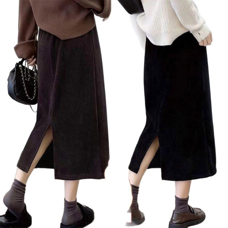 Women's High-Waist Black Corduroy Pencil Skirt - Mid-Length, Slim-Fit, Plus Velvet for Autumn/Winter 2025