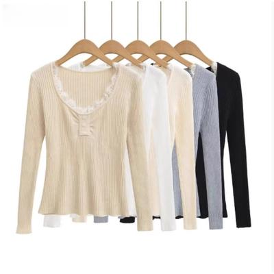 Reiner Wunsch Spitzen-Patchwork V-Ausschnitt Strickpullover für Damen Herbst und Winter Neu Figurbetont Langärmliger Baselayer, High-End Oberteil