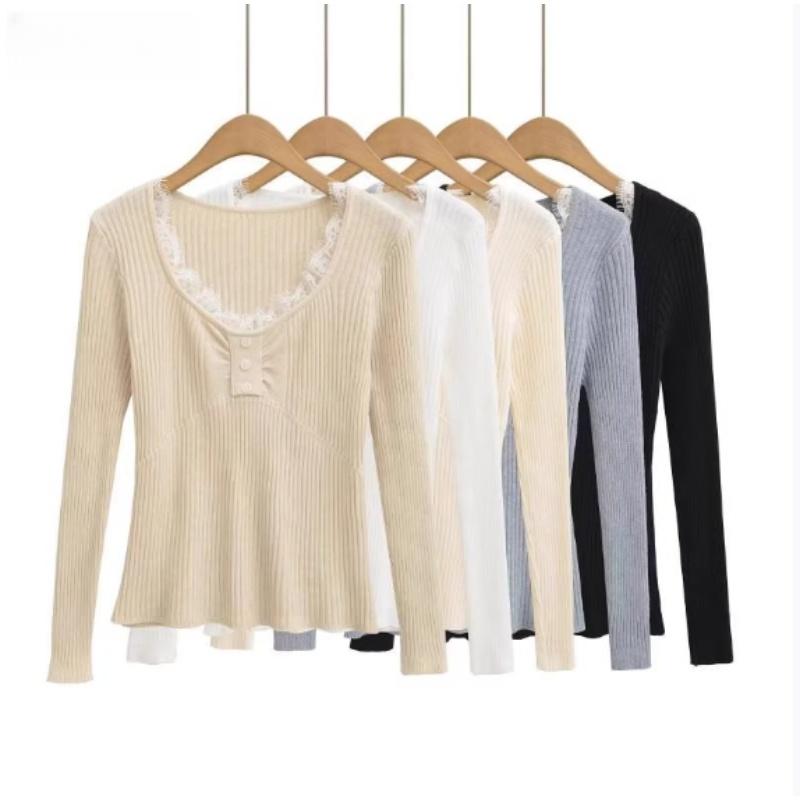 Pure Desire Lace Patchwork V-neck Knitted Sweater for Women's Autumn and Winter New Fitted Long-sleeved Base Layer, High-end Top