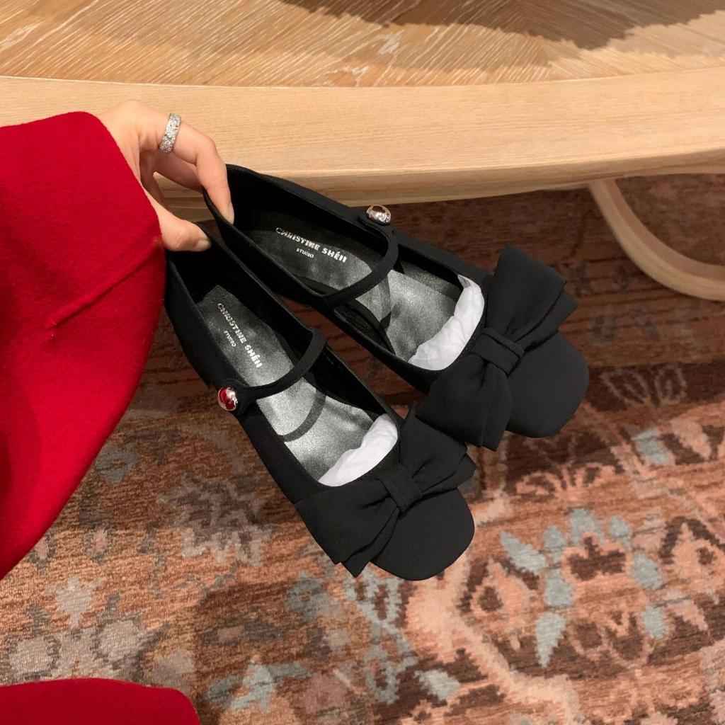 Sheepskin Version~ One Word with Bow Satin Mary Jane Shoes Women's Single Shoes Commuter Dinner Wedding Shoes