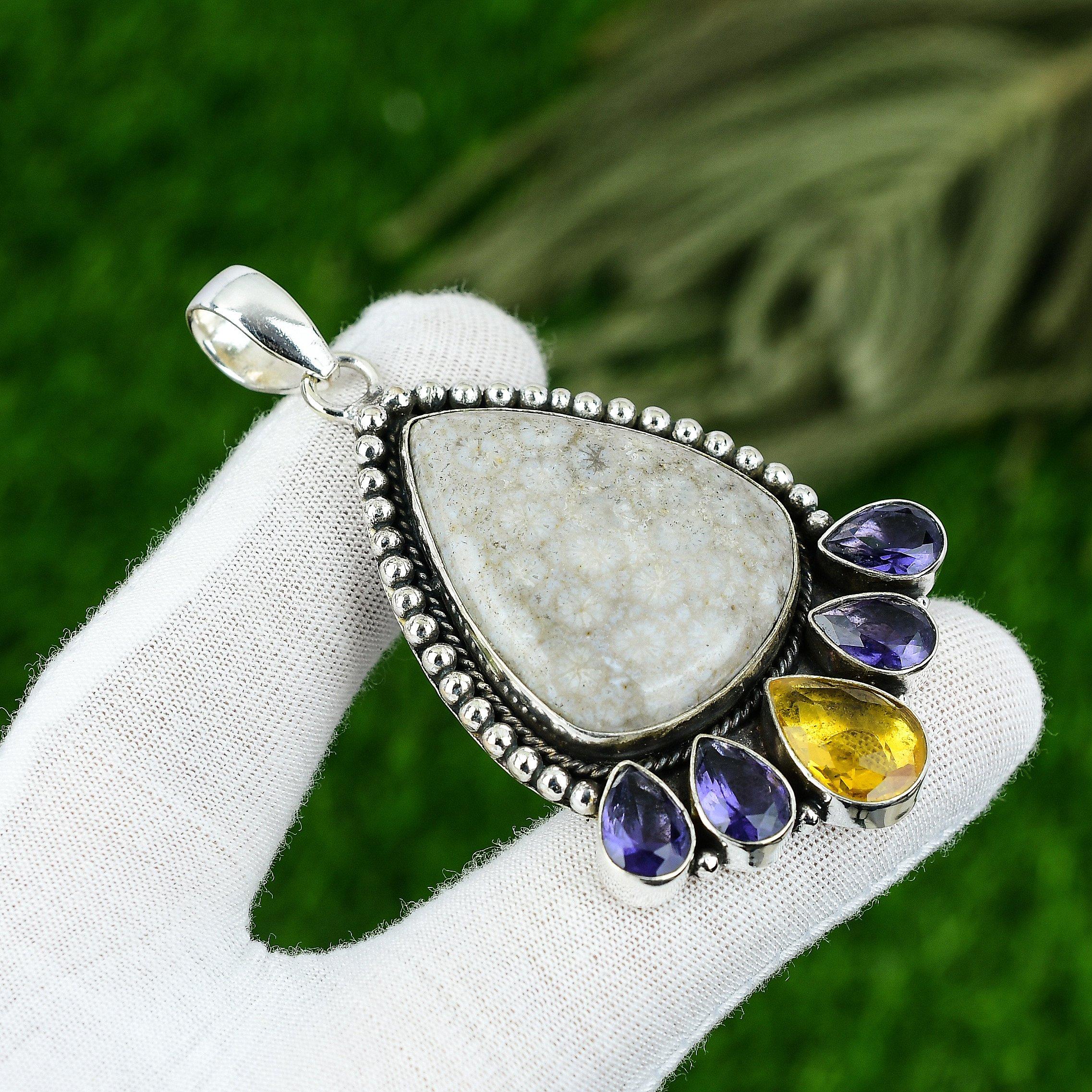 

Natural Fossil Coral Gemstone Pendant 925 Sterling Silver Indian Jewelry