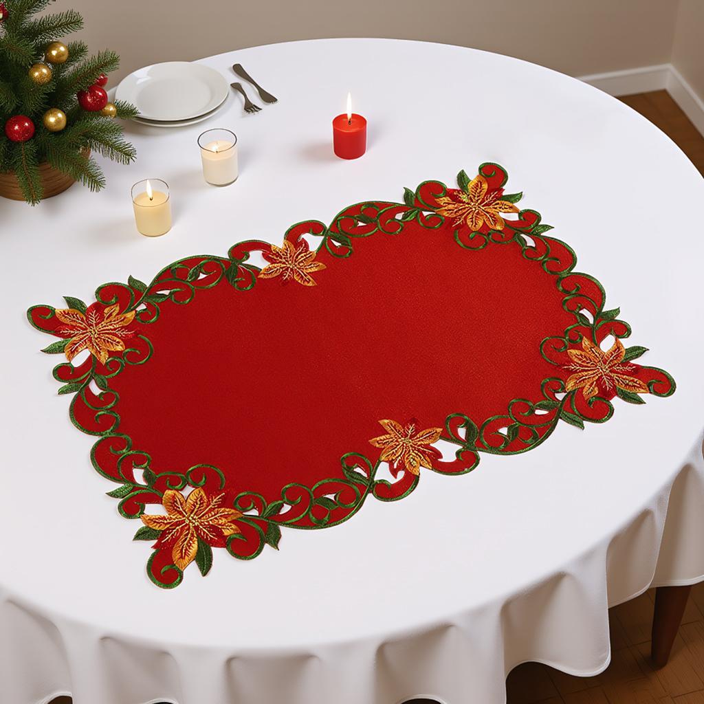 4 Stück Weihnachtliche Gestickte Blumen Rechteckige Tischsets 11,02x16,93 Zoll Rot und Grün Platzsets Tischdecke für Zuhause und Küche
