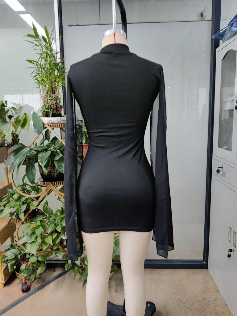 European & American Women's Fashion Round Neck Ribbed Chiffon Cape Bodycon Dress