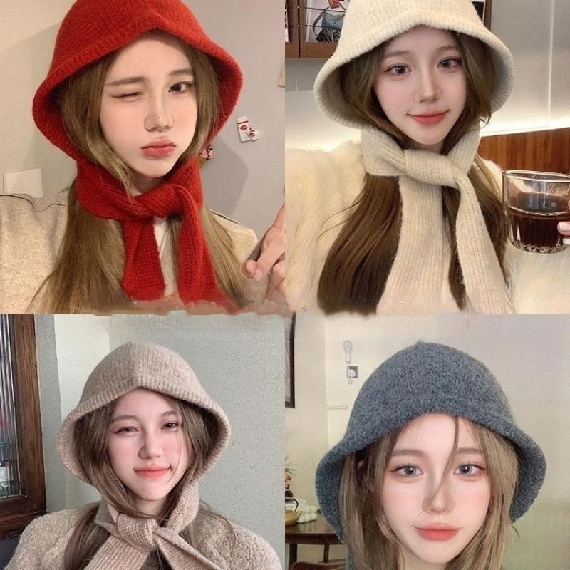 Korean Hood Scarf Balaclava Hat Ear Protection Warm Bomber Hats Women Retro Strap Bow Beanies Winter Accessories Knitted Law Hat