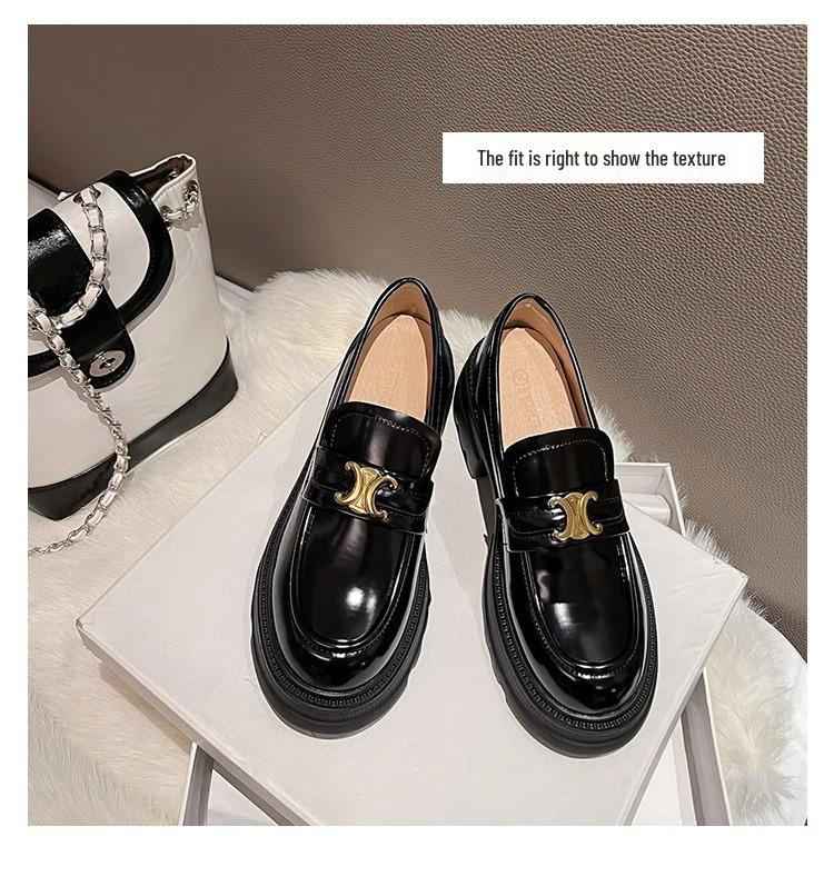 Black Leather British Style Platform Loafers for Women - Height Increasing Slip-on Arc De Triomphe Design