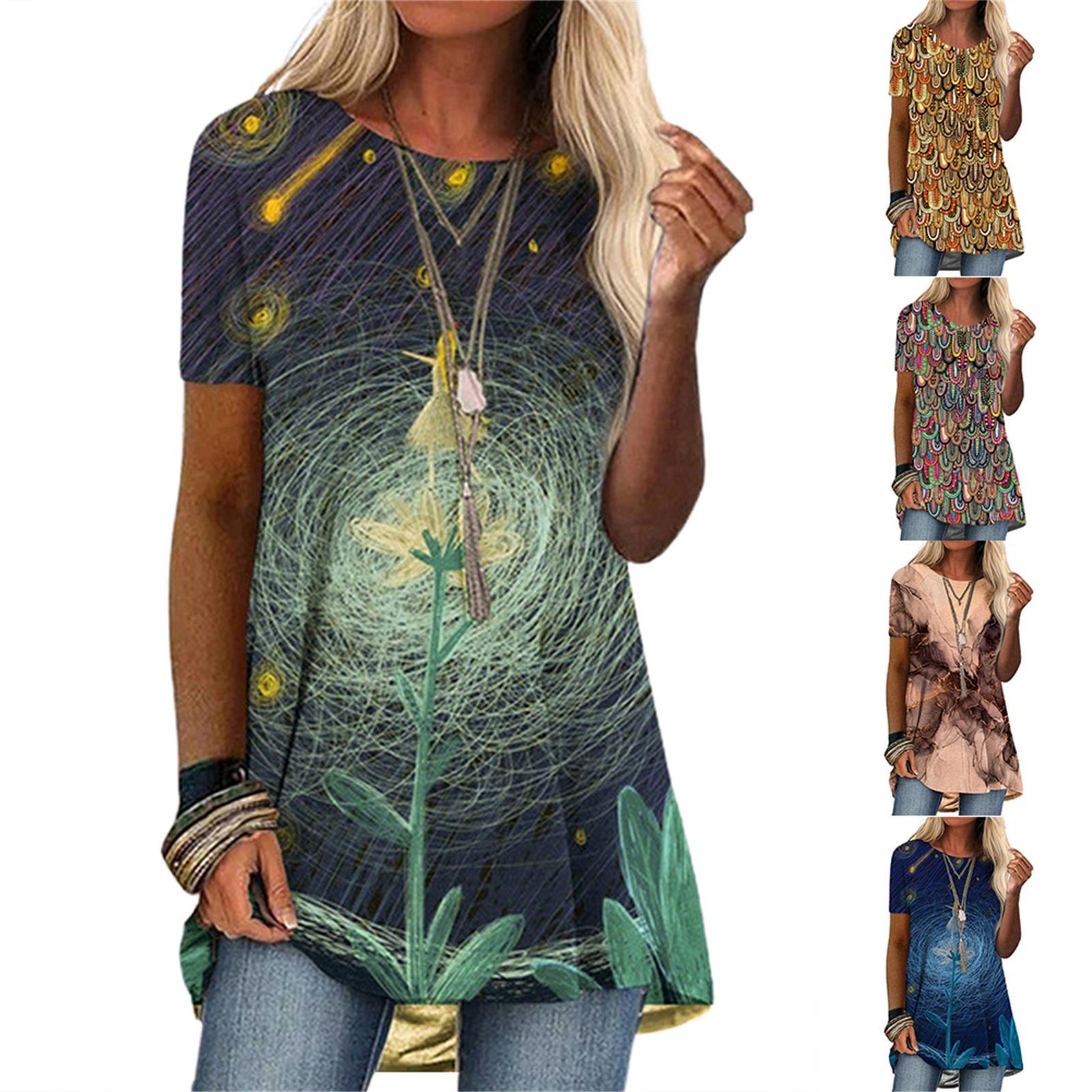 

(Куниде) Модная женская летняя повседневная пляжная ретро свободная футболка с круглым вырезом и короткими рукавами с этническим принтом, топы