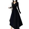Long-sleeved new design French temperament dress retro waist black thin bottom pleated V-neck