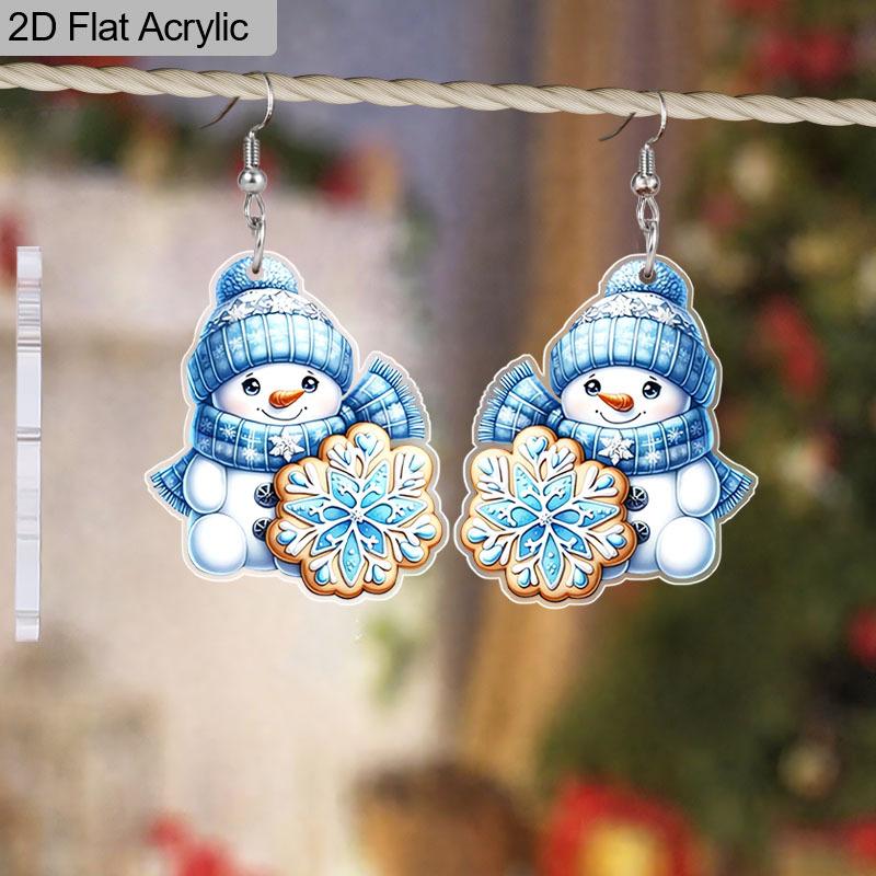 2D Flat Blue Snowflake Snowman Drop Earrings, Lightweight Acrylic Material, Ideal Choice for Party Gifts and Jewelry Gifts.