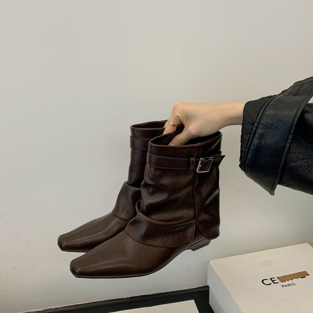 European and American sexy small square trouser boots women's square and 2025 autumn and winter fried street low-heeled sleeve short boots