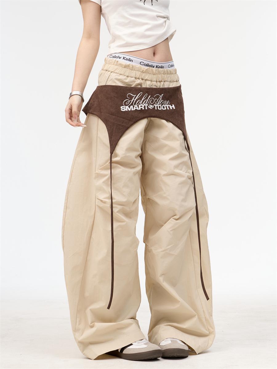 

Retro Spicy Girl Color Block Lace-Up Wide Leg Pants - Women s Hip Hop Casual Summer Silhouette XL абрикосовый