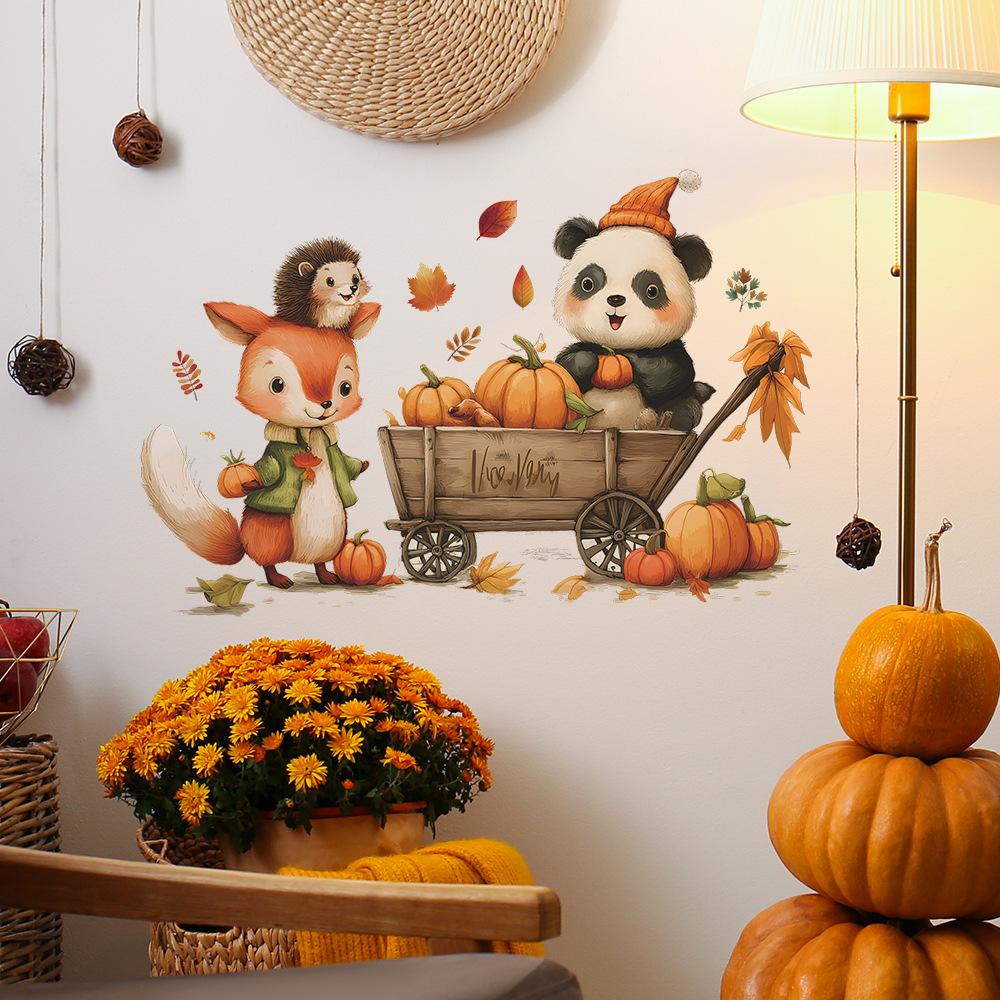 Cartoon Home Decoration Wall Stickers Featuring Little Cats, Foxes and Hedgehogs Transporting Pumpkins