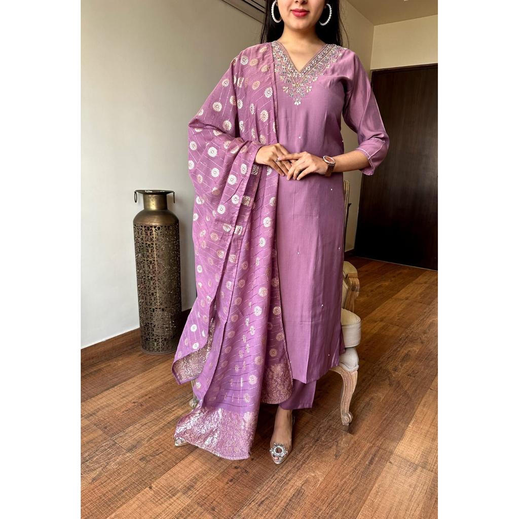 Indian Viscose Chanderi Kurta Pant Set Women Wedding Wear Top Tunic Kurti Set VDS-1697