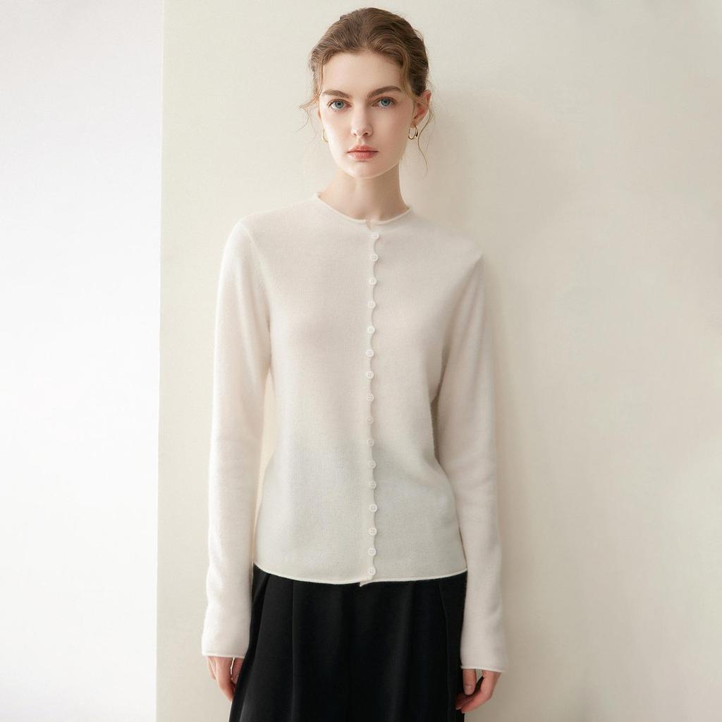 Women's 100% Cashmere Cardigan - Autumn/Winter Rolled Edge, Round Neck Buttoned Knit Sweater Coat