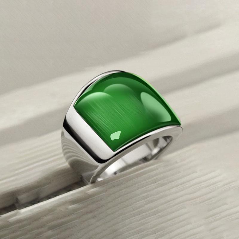 Inel Vintage Pătrat din Jad Hetian Natural cu Piatră Ochi de Pisică Smarald pentru Cupluri