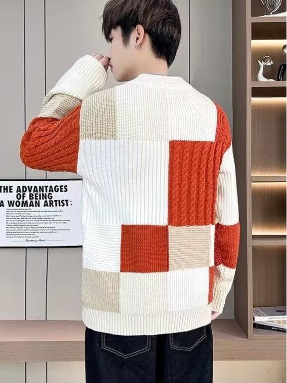 Men's Trendy Color Block Patchwork Sweater, Winter Warmth, Plus Size Knitwear, Versatile Base Layer, Niche Design.