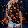 Women's Fashion Casual Button Down Short Sleeve Halloween Print Polo Shirt with Double Side Slits