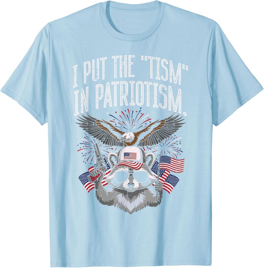 I Put The Tism In Patriotism Raccoon Funny Graphic Print Round Neck Cotton T Shirt Casual Tops