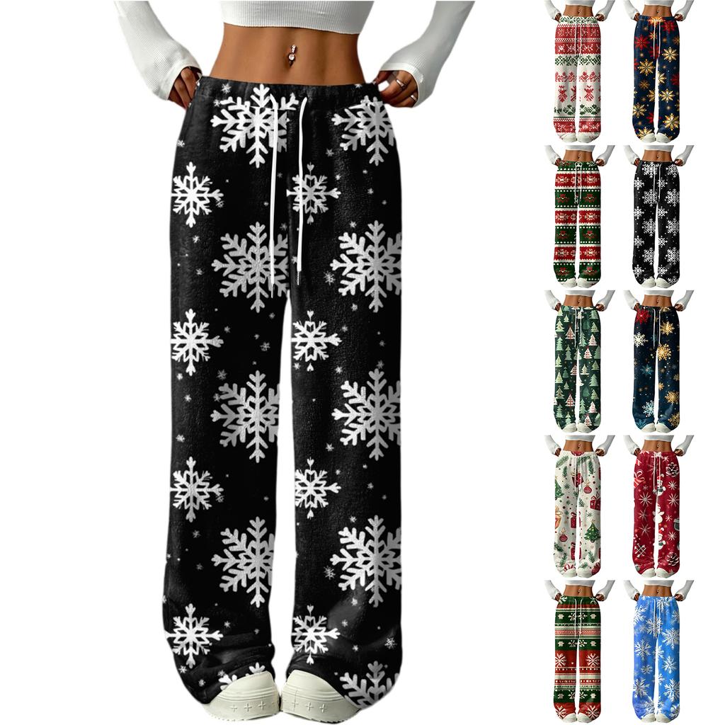 Women's Casual Fashion Printed Elastic Waist Loose Straight Leg Pants With Rope