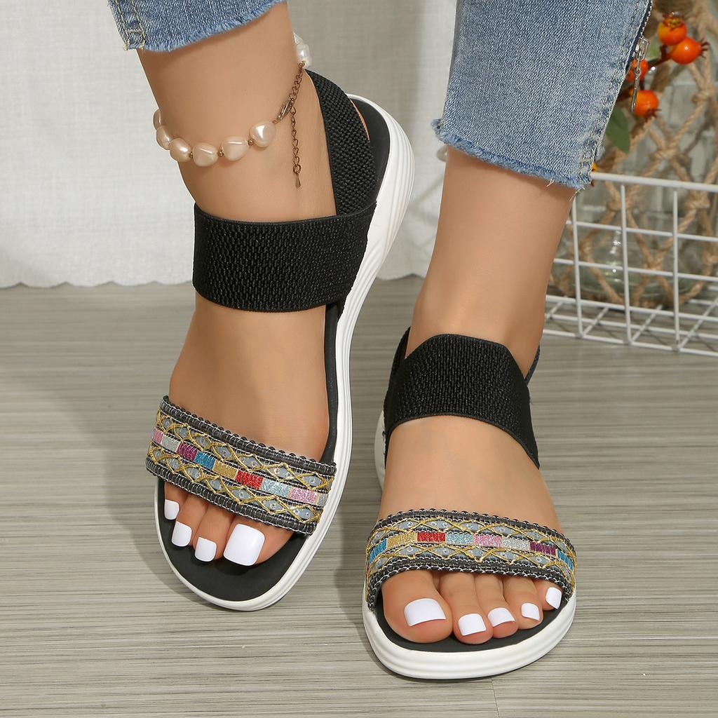 Women's New Casual Sports Style Sandals with Thick Sole and Flat Heel, Color Blocked Fly Woven Fish Mouth Sandals