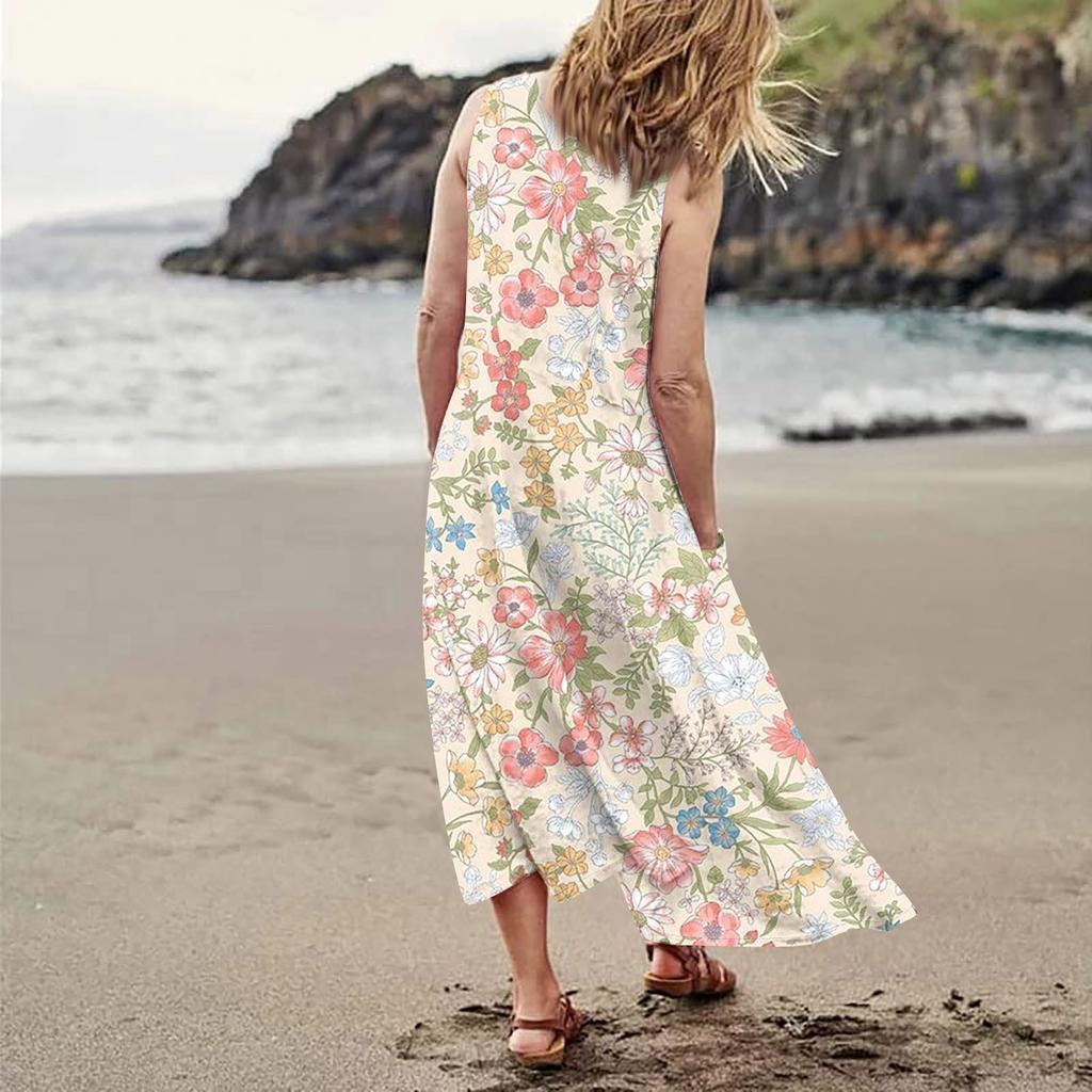 Lässiges, bequemes, ärmelloses Baumwolltaschenkleid mit Blumendruck für Damen