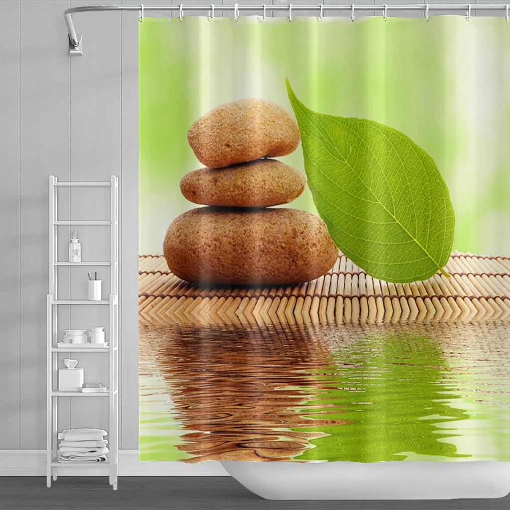 Spa Buddha Water Yoga Shower Curtain Rural Landscape Creek Stone Lotus Buddha Waterproof Polyester Bathroom Curtain With Hooks