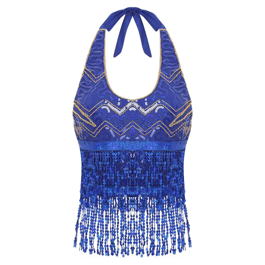 Essential Training Top for Belly Dancers: Supportive Halter Crop Top with Sequins, Lace-up Back & Tassel Details