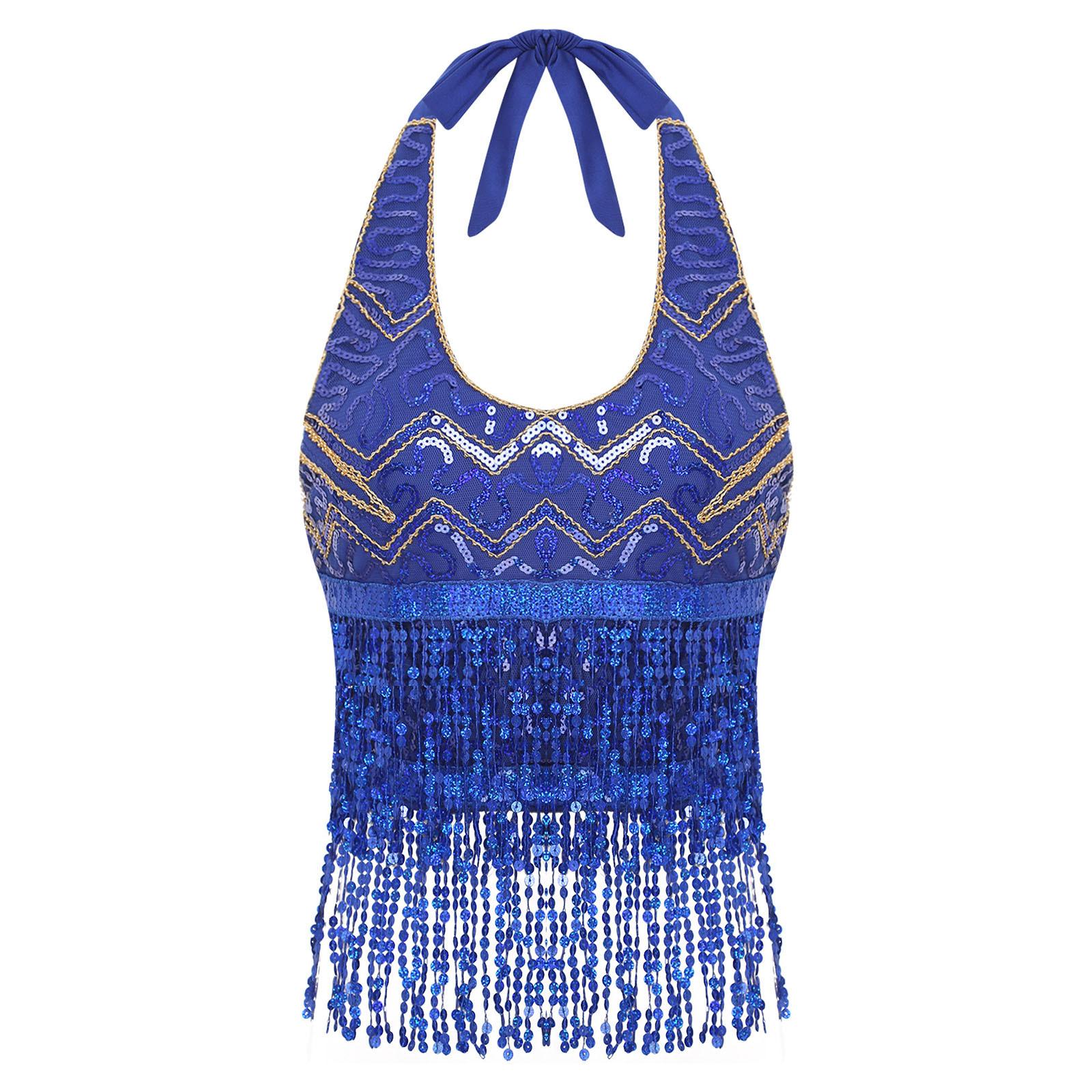 

Жіночий топ для танцю живота, халтер, на шнурівці, з паєтками та китицями, кроп-топ, сценічний костюм, костюм на Хелловін One Size