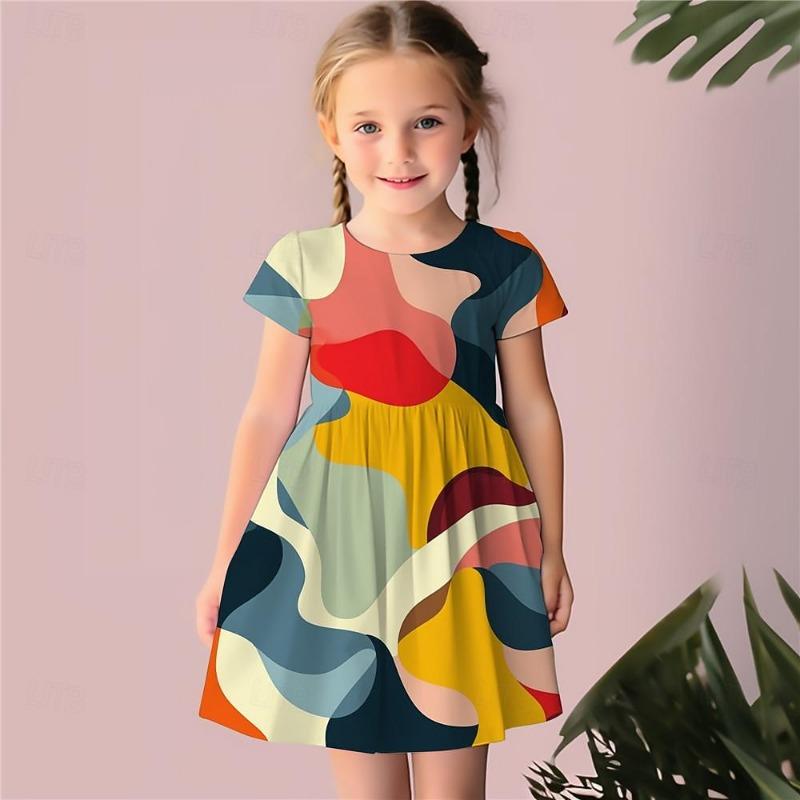 Girls' 3D Geometric Dress Pink Short Sleeve 3D Print Summer Daily Holiday Casual Beautiful Kids 3-12 Years Casual Dress