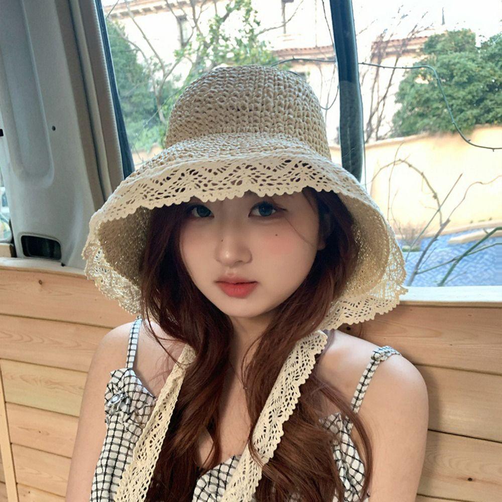 Large Edge Summer Lace Sun Hat Wide Brim Panama Cap French-style Straw Hat  Outdoor Travel
