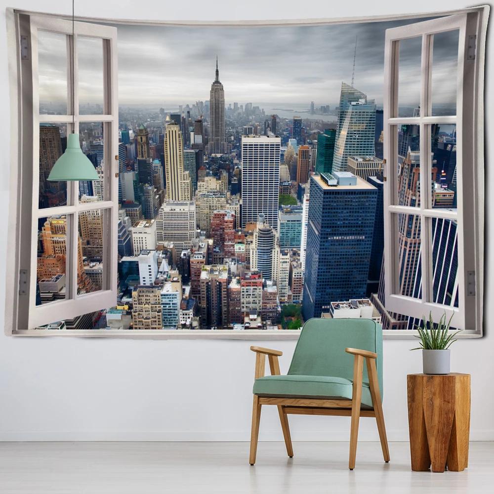Urban Imitation Window Scenery Tapestry Wall Hanging Art Architecture Minimalist Hippie Tapiz Minimalist Living Room Home Decor