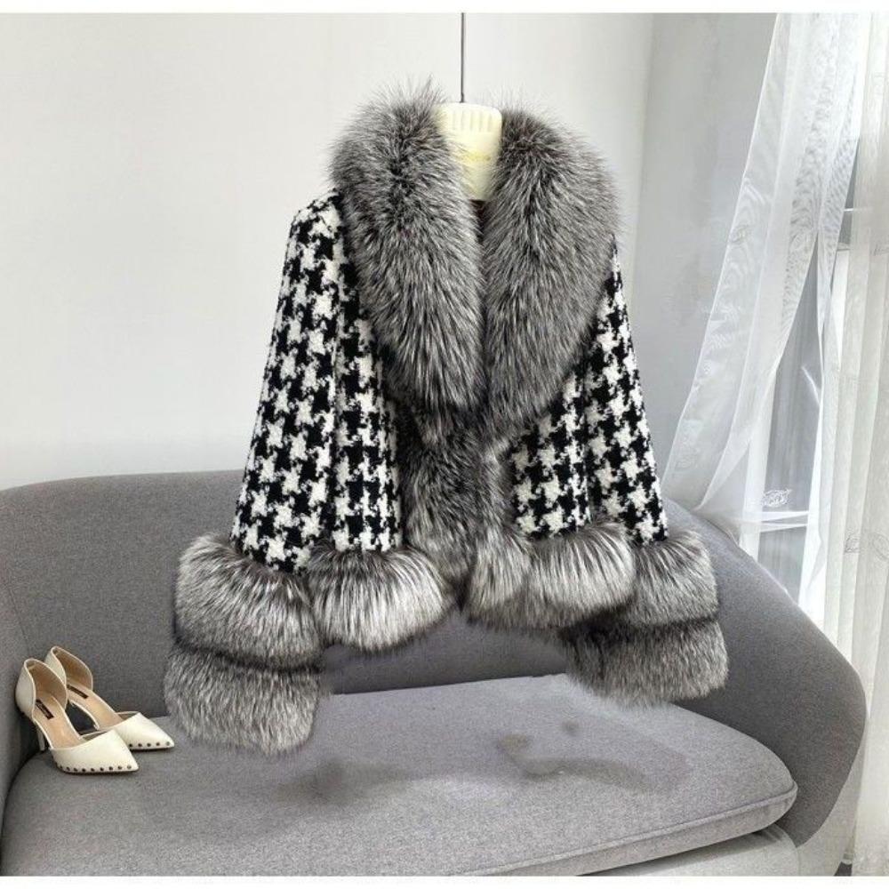 Modă Palton de Damă Palton de Blană Palton Scurt de Damă Guler de Blană Grilă Mii de Păsări Palton de Blană de Vulpe Argintie