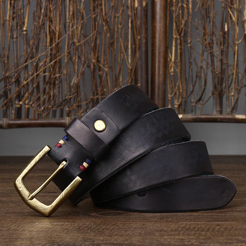 Belt Men's Thick Retro Vegetable Tanned Cow Leather Brass Buckle Belt Men's Casual Rough Fashion