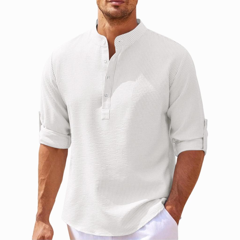 Men's Casual Long Sleeve Shirt Pullover Stand Collar Buttoned Henley Shirt Lightweight Relaxed Fit Top for Daily Wear