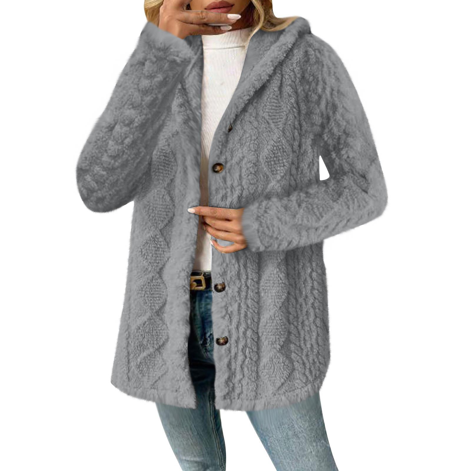 

Женский однотонный модный повседневный теплый модный кардиган с капюшоном и плюшевой отделкой Diamond L