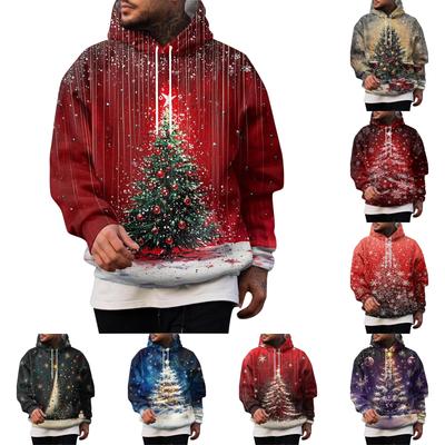 Men's Christmas Print Hooded Sweatshirt Loose Fit Casual Pullover with Large Pockets
