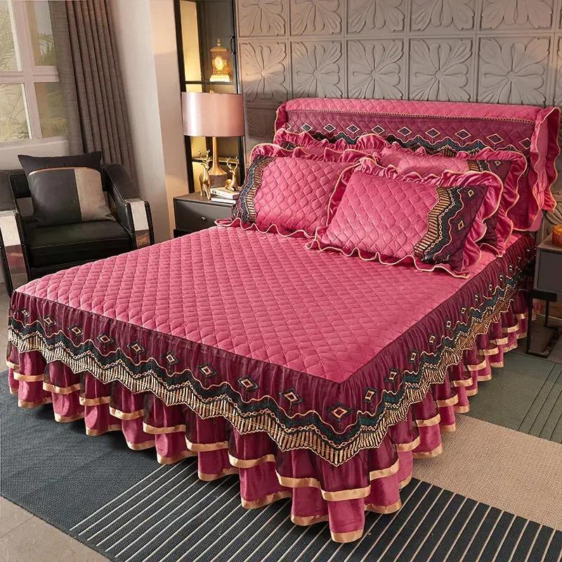 Soft Ruffles Bedskirt Set Queen European Vintage Lace Velvet Thicken Bedspread King Size Wedding Quilted