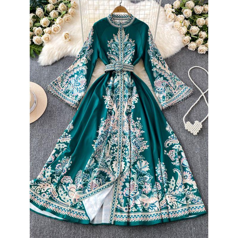 Spring Clothing New Arrival Retro Print Stand-up Collar Flared Sleeves Dress Women's Single-Breasted Large Hem Asymmetrical Pleated Long Skirt