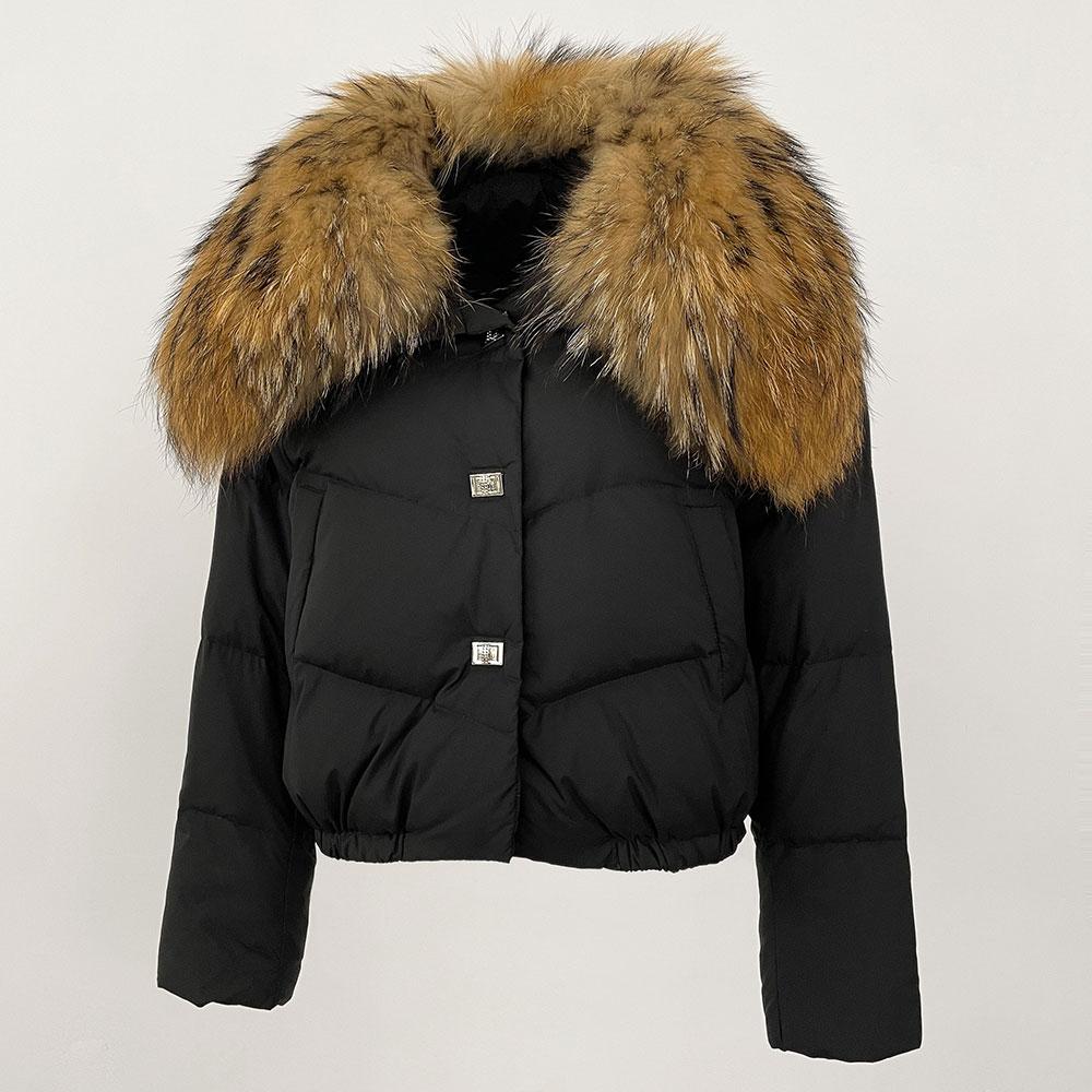 OFTBUY Geacă de Iarnă Femei Guler Mare din Blană Naturală de Raton Real, Gros, Cald, Puf de Rață, Scurt, Îmbrăcăminte Exterioară, Streetwear, Larg, Casual